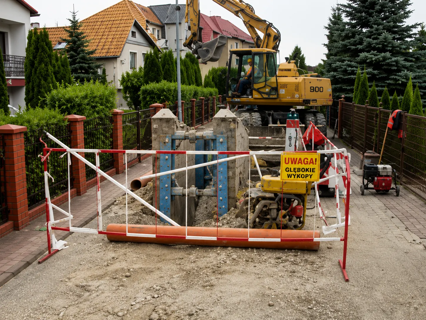 Koparka pracująca przy zabezpieczonym wykopie w mieście